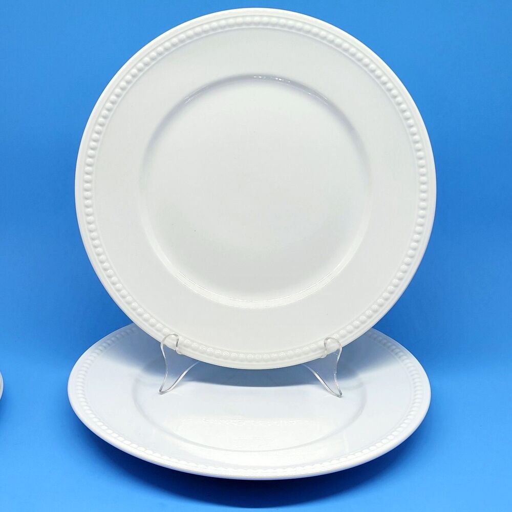 Fitz And Floyd Everyday Set Of 2 White 10 5/8" Beaded Rim Dinner Plates